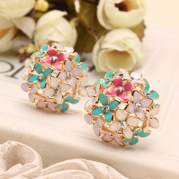 Pink Blue Flower Four Leaf Stud Earrings