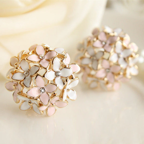 Pink Blue Flower Four Leaf Stud Earrings