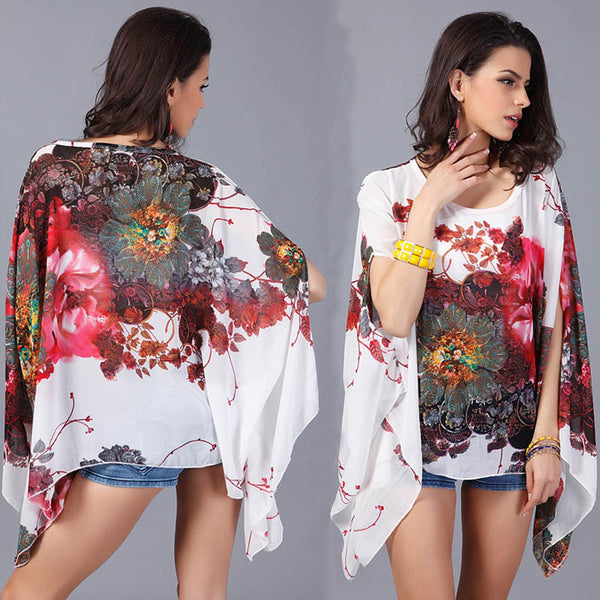 Summer Boho Floral Print Loose Chiffon Kimono Blouse Women